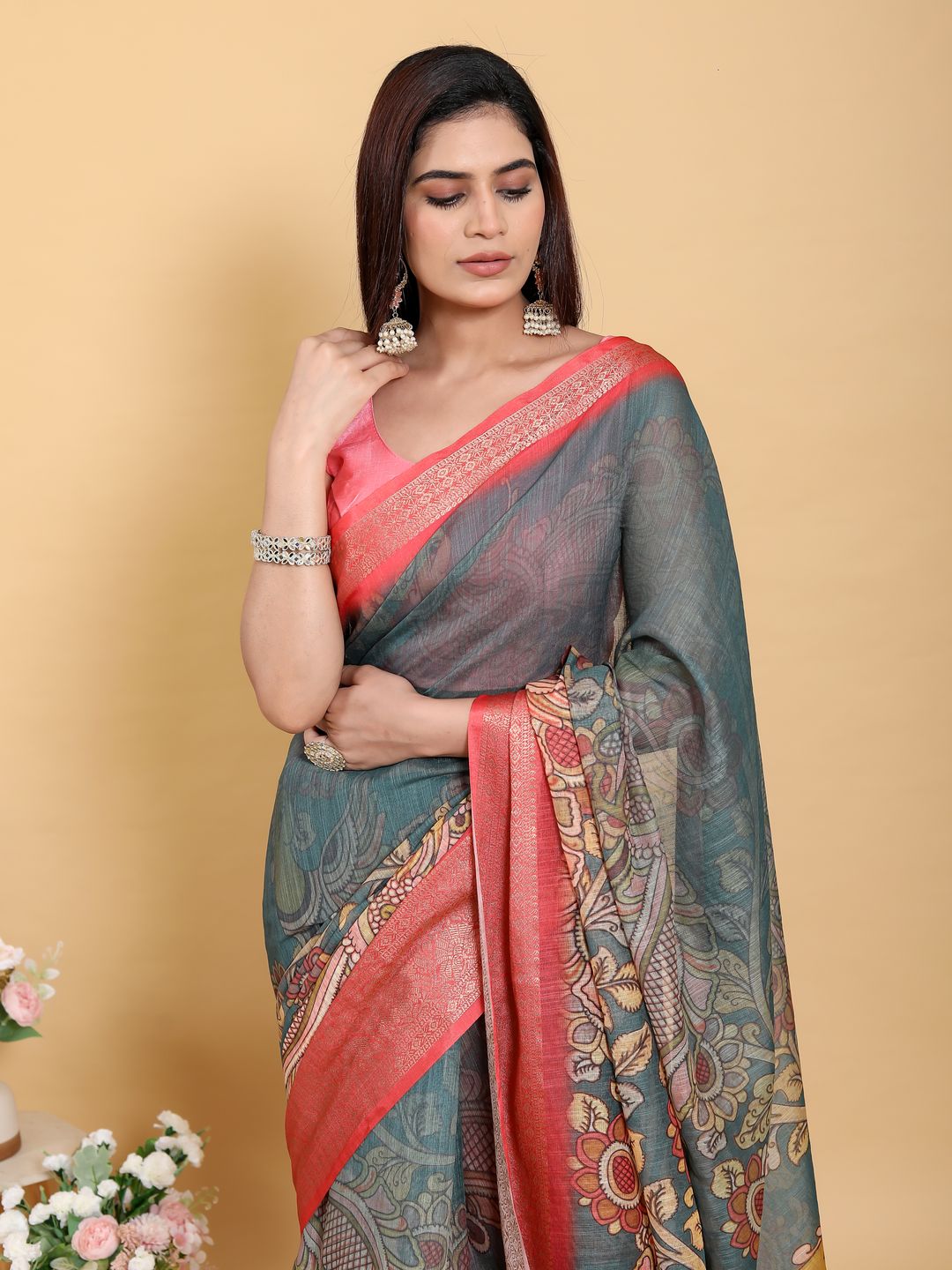 Buy Teal Blue Kalamkari Linen Cotton Saree with Coral Border