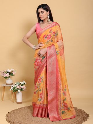Mustard Floral Linen Cotton Saree with Jacquard Pink Border