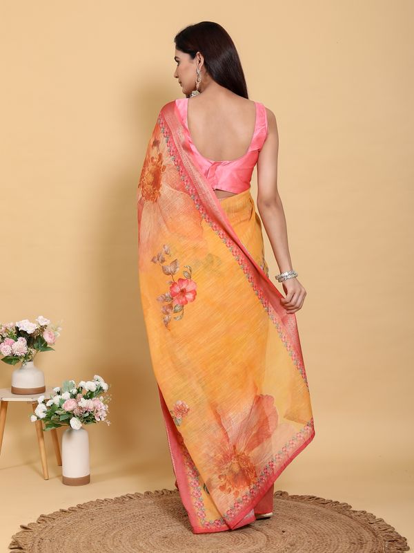 Mustard Floral Linen Cotton Saree with Jacquard Pink Border