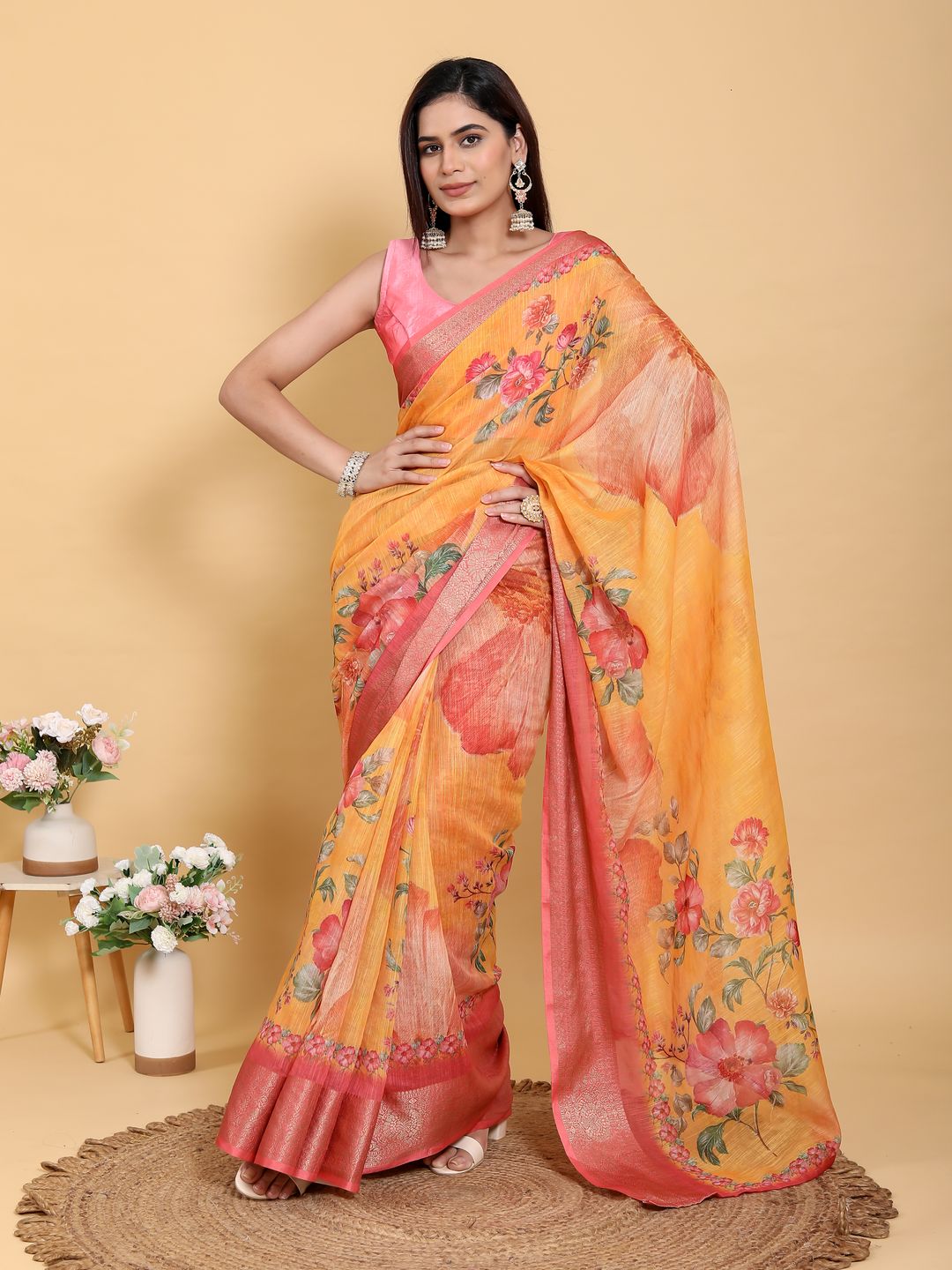 Mustard Floral Linen Cotton Saree with Jacquard Pink Border