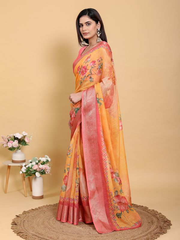 Mustard Floral Linen Cotton Saree with Jacquard Pink Border