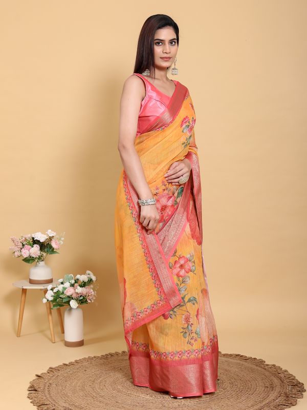 Mustard Floral Linen Cotton Saree with Jacquard Pink Border