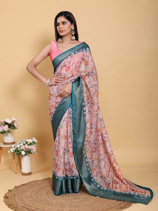 Rose Pink Floral Saree with Rich Teal Jacquard Woven Border