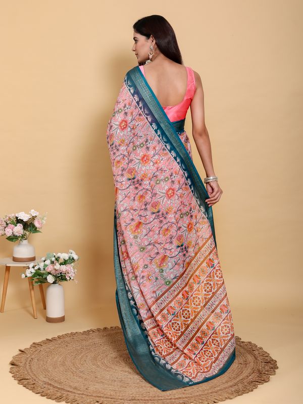 Rose Pink Floral Saree with Rich Teal Jacquard Woven Border