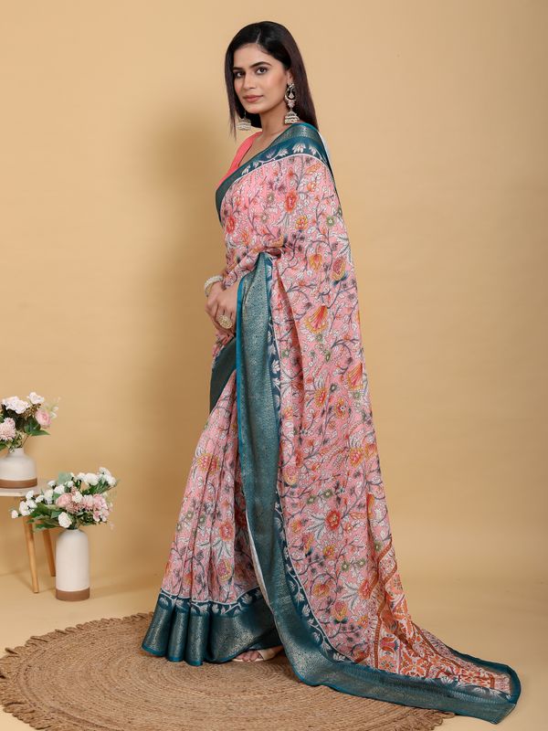 Rose Pink Floral Saree with Rich Teal Jacquard Woven Border