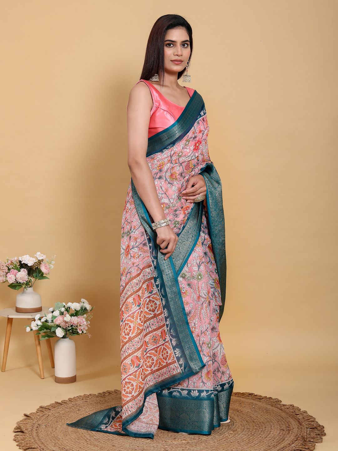 Rose Pink Floral Saree with Rich Teal Jacquard Woven Border