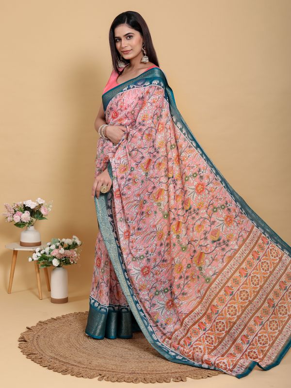 Rose Pink Floral Saree with Rich Teal Jacquard Woven Border