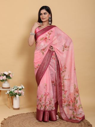 Buy Pink Floral Linen Cotton New Saree with Jacquard Border