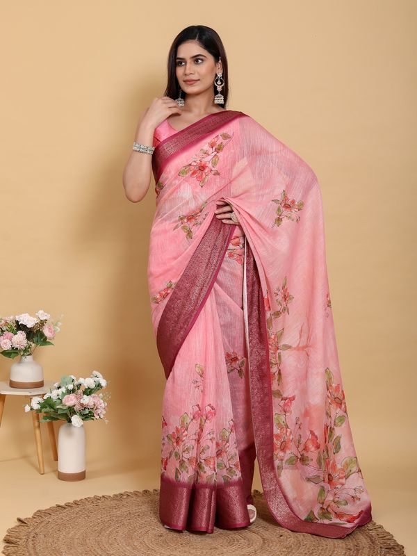 Buy Pink Floral Linen Cotton New Saree with Jacquard Border