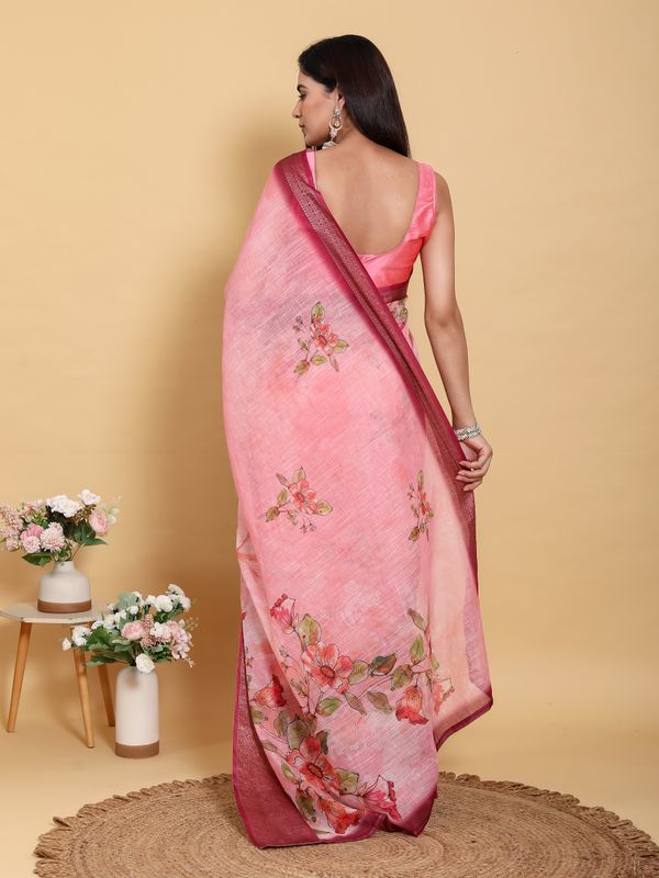 Buy Pink Floral Linen Cotton New Saree with Jacquard Border