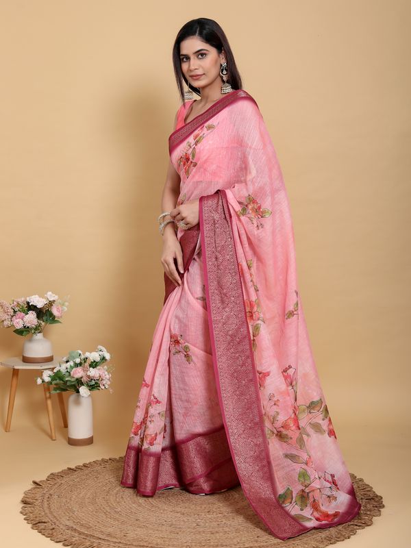 Buy Pink Floral Linen Cotton New Saree with Jacquard Border