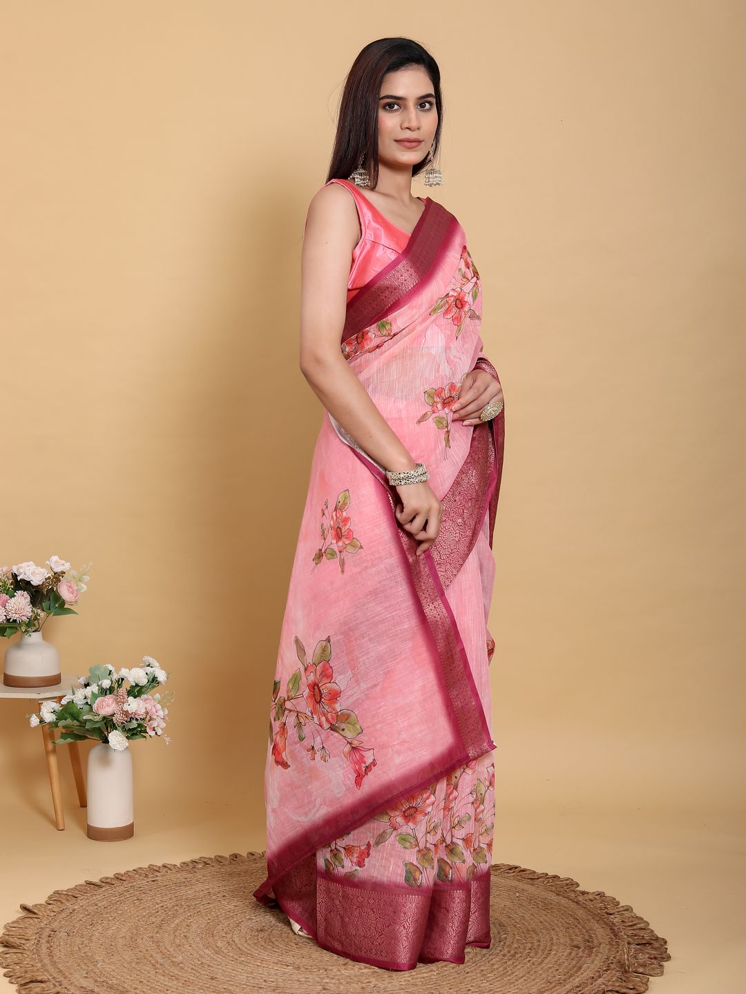 Buy Pink Floral Linen Cotton New Saree with Jacquard Border