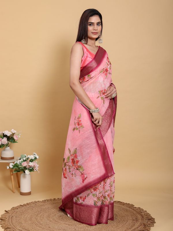 Buy Pink Floral Linen Cotton New Saree with Jacquard Border