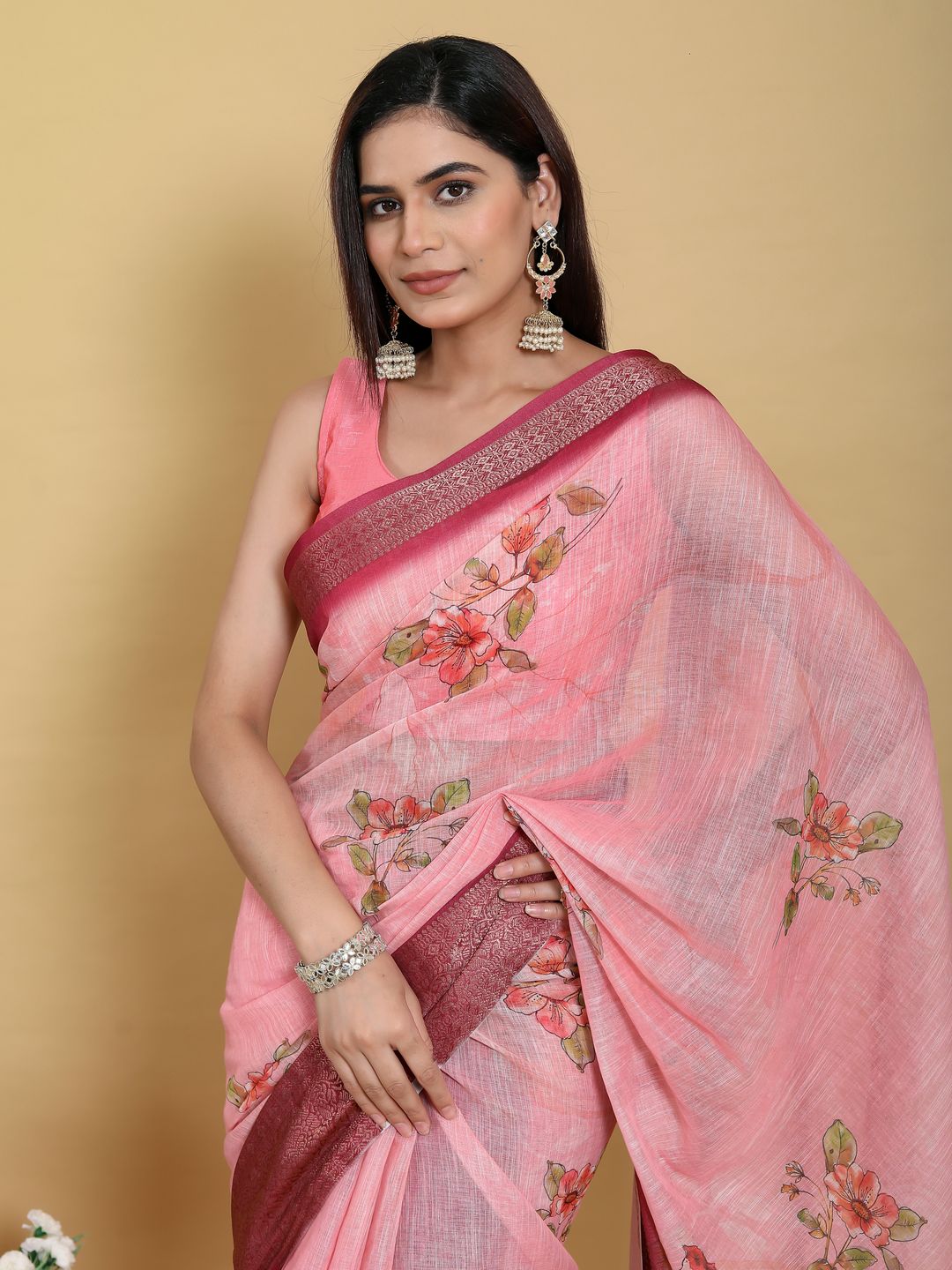 Buy Pink Floral Linen Cotton New Saree with Jacquard Border
