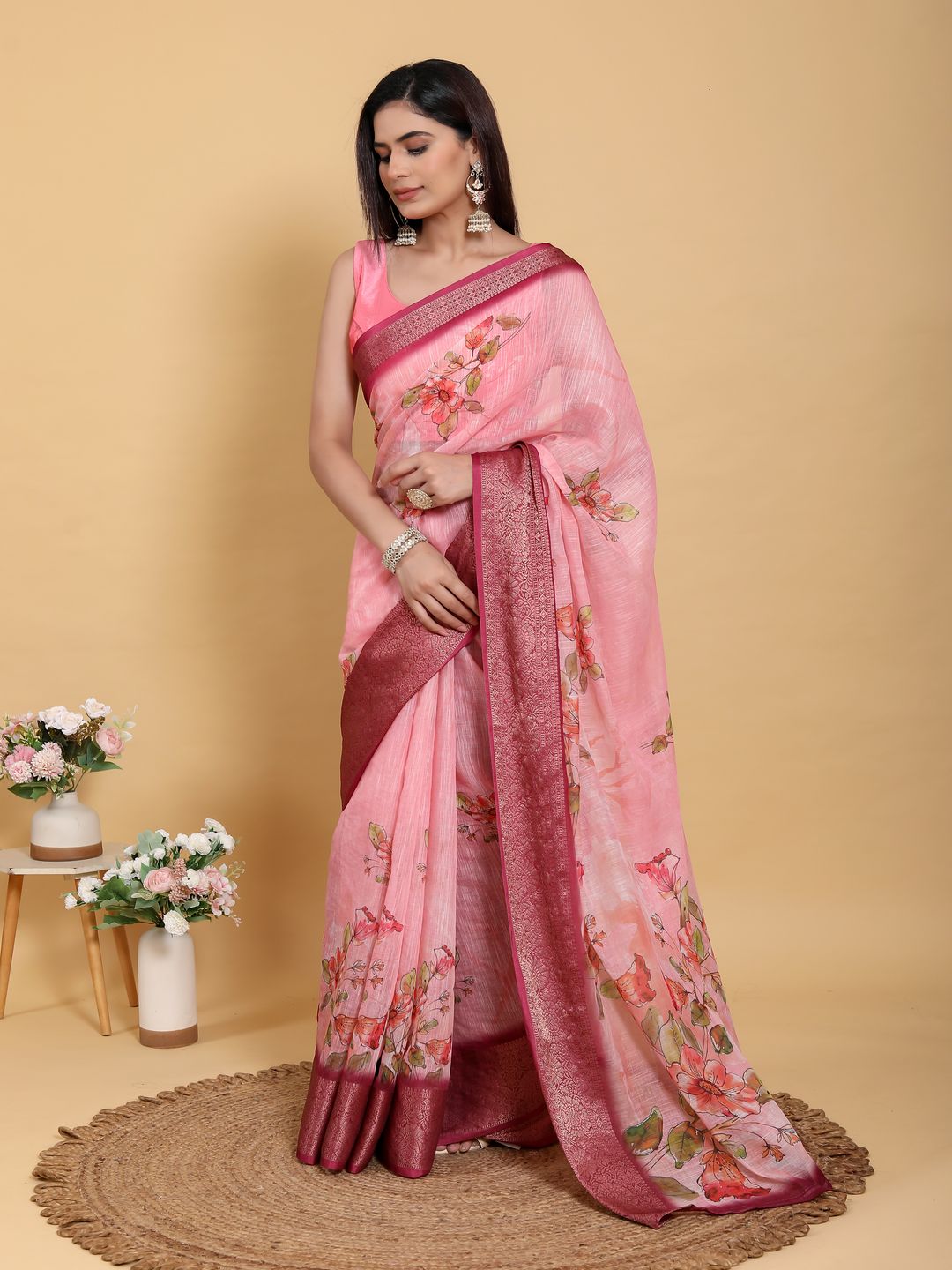 Buy Pink Floral Linen Cotton New Saree with Jacquard Border