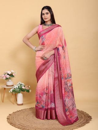 Buy Peach Printed Linen Cotton Saree with Jacquard Border