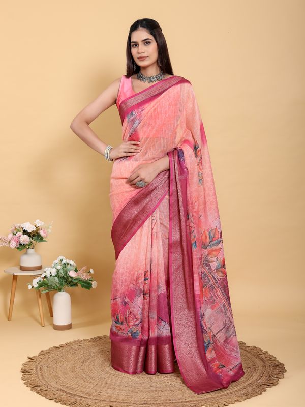 Buy Peach Printed Linen Cotton Saree with Jacquard Border