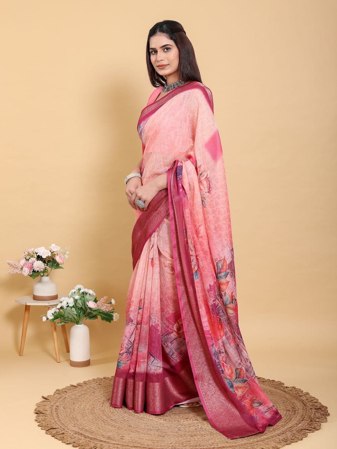Buy Peach Printed Linen Cotton Saree with Jacquard Border