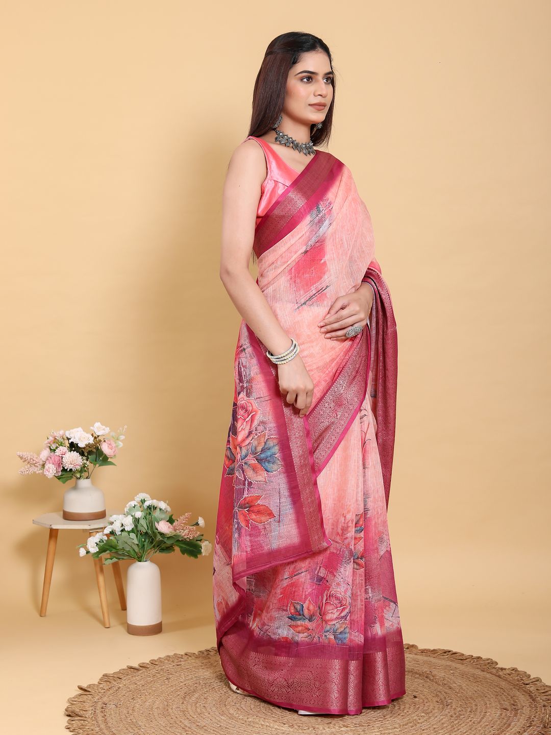 Buy Peach Printed Linen Cotton Saree with Jacquard Border