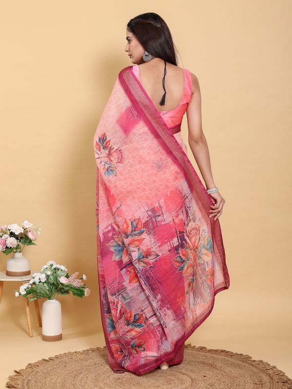 Buy Peach Printed Linen Cotton Saree with Jacquard Border