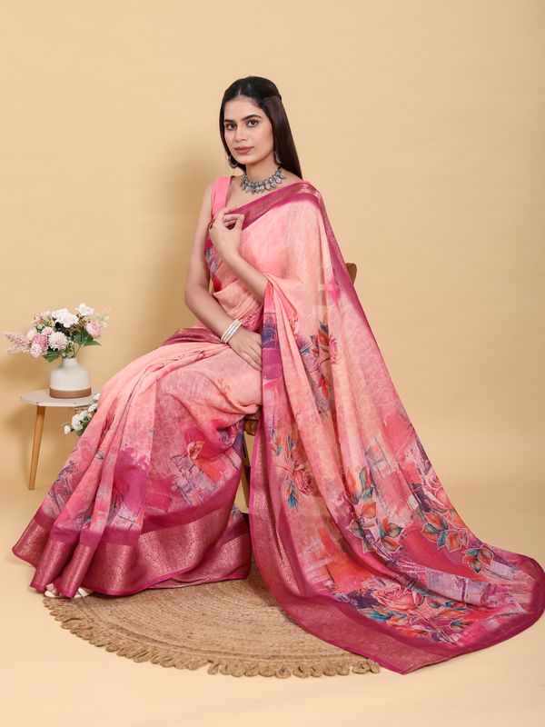 Buy Peach Printed Linen Cotton Saree with Jacquard Border