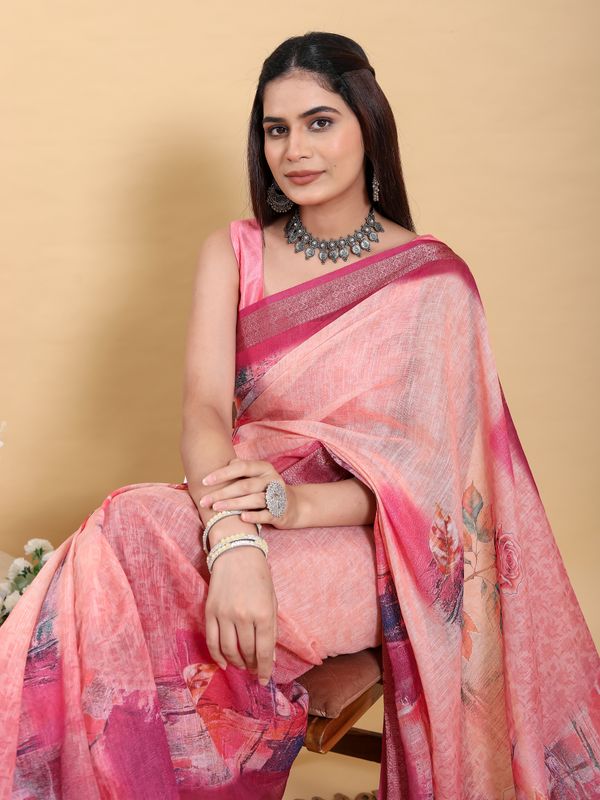 Buy Peach Printed Linen Cotton Saree with Jacquard Border