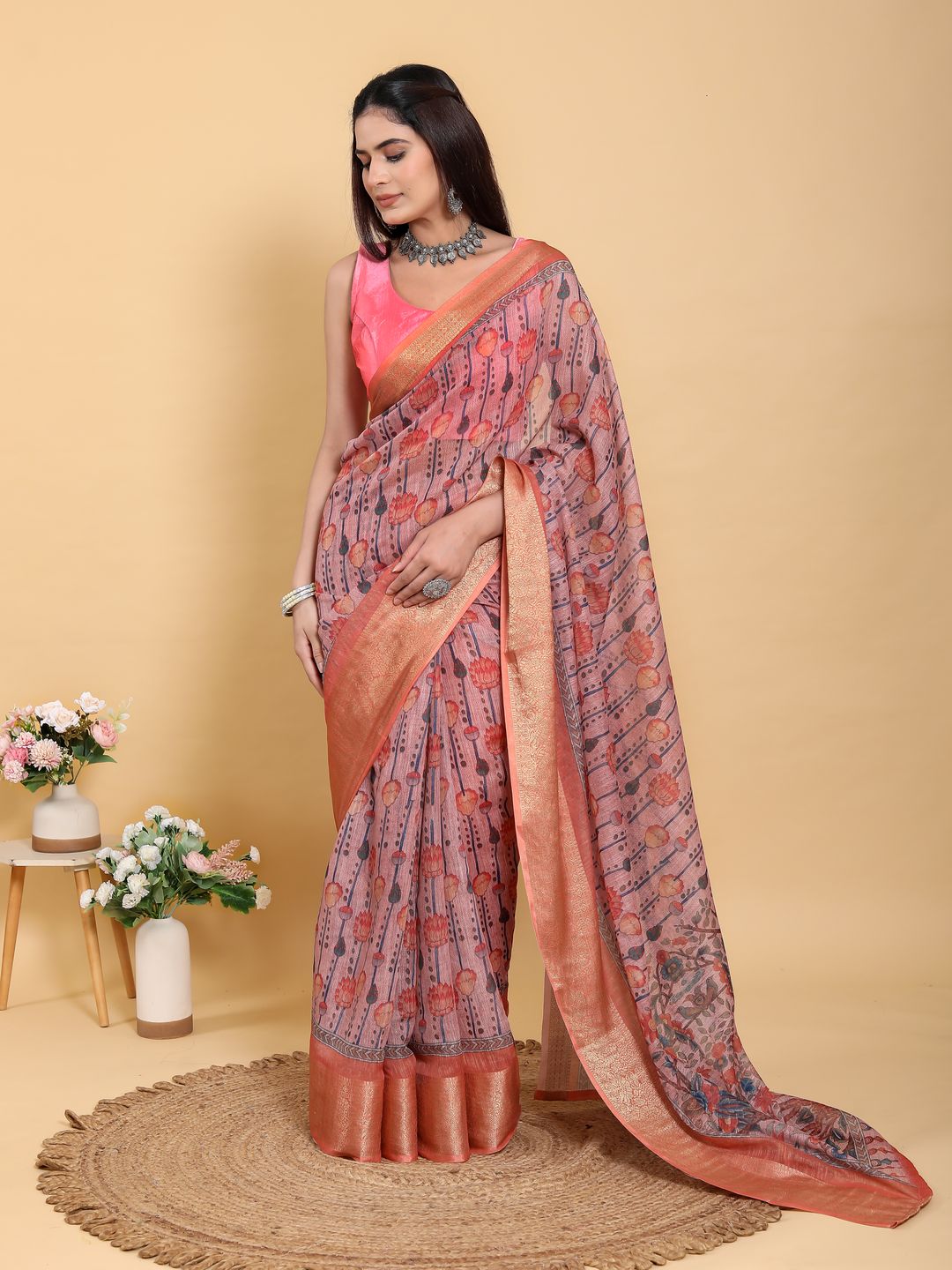 Buy Dusty Rose Floral Linen Cotton Saree with Woven Border