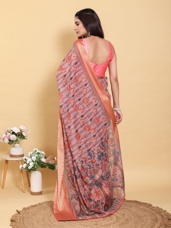Buy Dusty Rose Floral Linen Cotton Saree with Woven Border