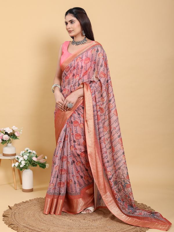 Buy Dusty Rose Floral Linen Cotton Saree with Woven Border