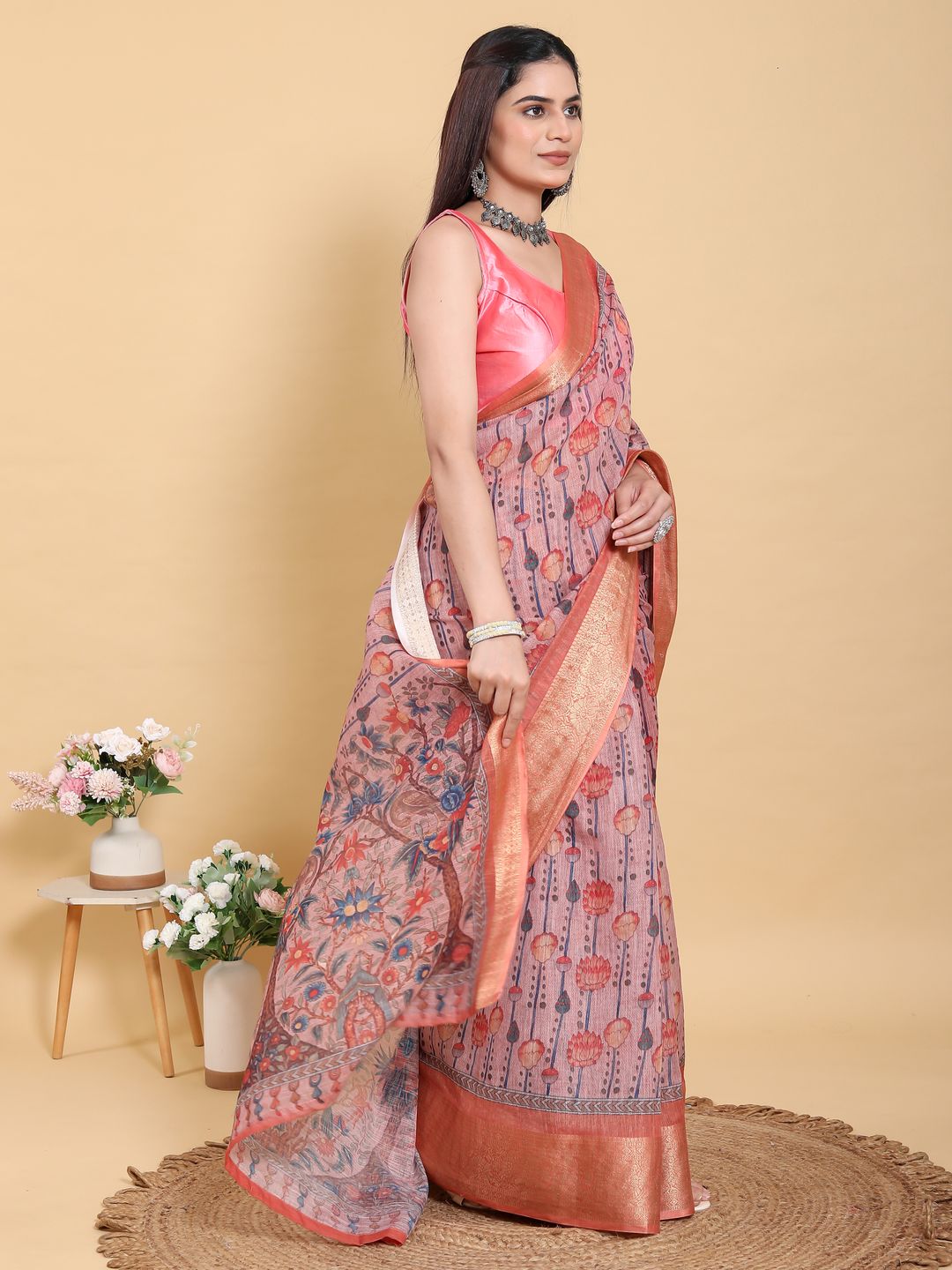 Buy Dusty Rose Floral Linen Cotton Saree with Woven Border