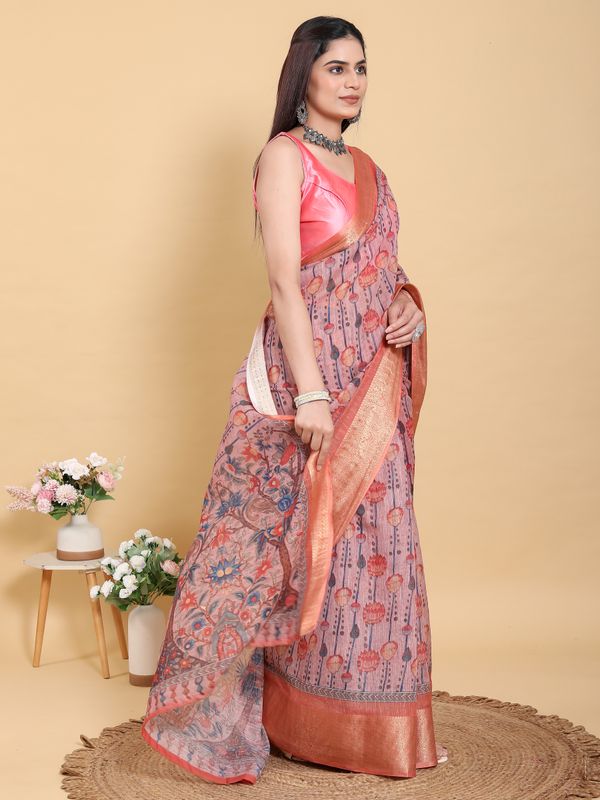 Buy Dusty Rose Floral Linen Cotton Saree with Woven Border
