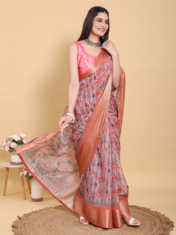 Buy Dusty Rose Floral Linen Cotton Saree with Woven Border