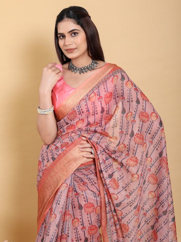 Buy Dusty Rose Floral Linen Cotton Saree with Woven Border