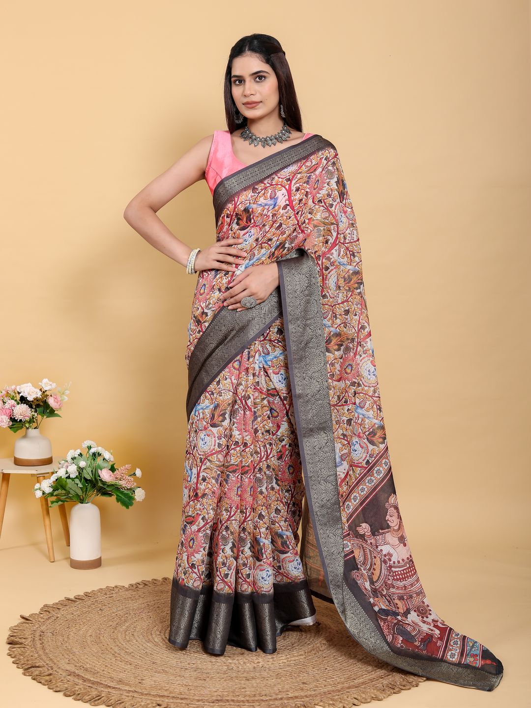 Buy Cream Kalamkari Print Linen Cotton Saree Grey Border