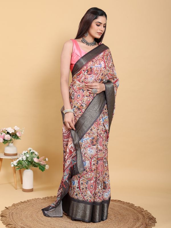 Buy Cream Kalamkari Print Linen Cotton Saree Grey Border