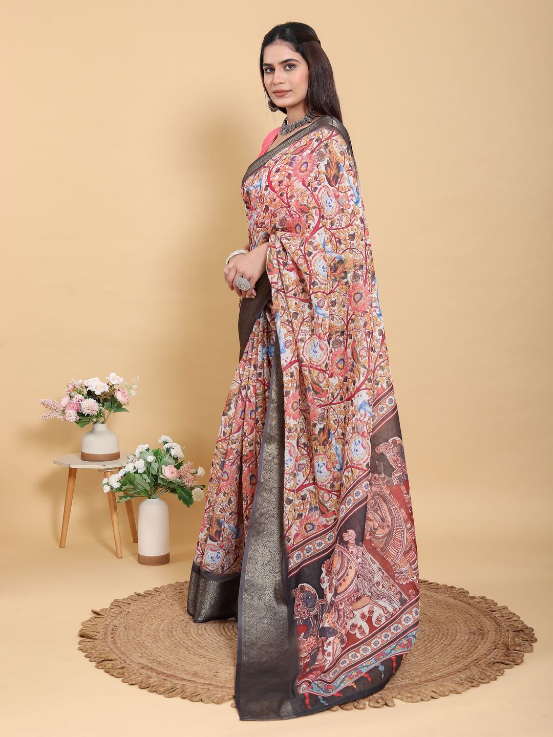 Buy Cream Kalamkari Print Linen Cotton Saree Grey Border