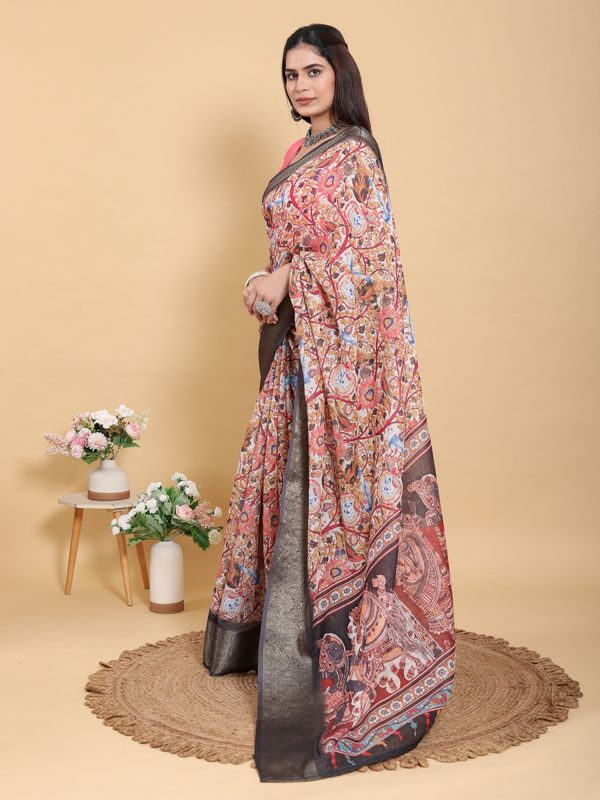 Buy Cream Kalamkari Print Linen Cotton Saree Grey Border