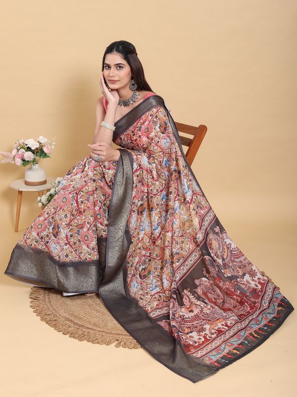 Buy Cream Kalamkari Print Linen Cotton Saree Grey Border