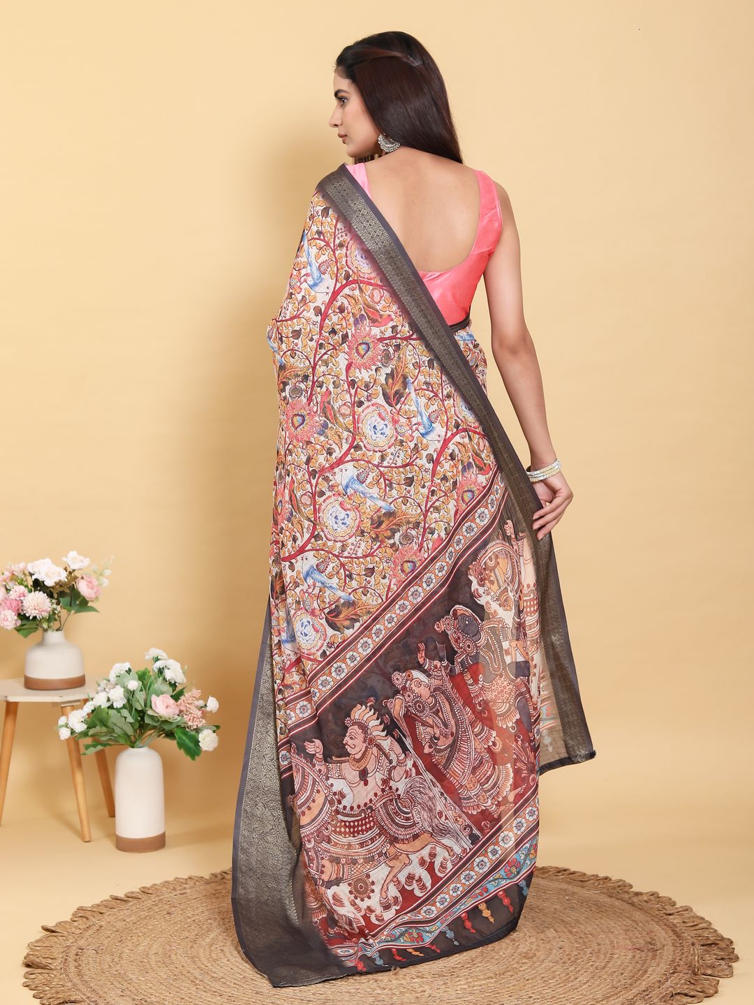Buy Cream Kalamkari Print Linen Cotton Saree Grey Border