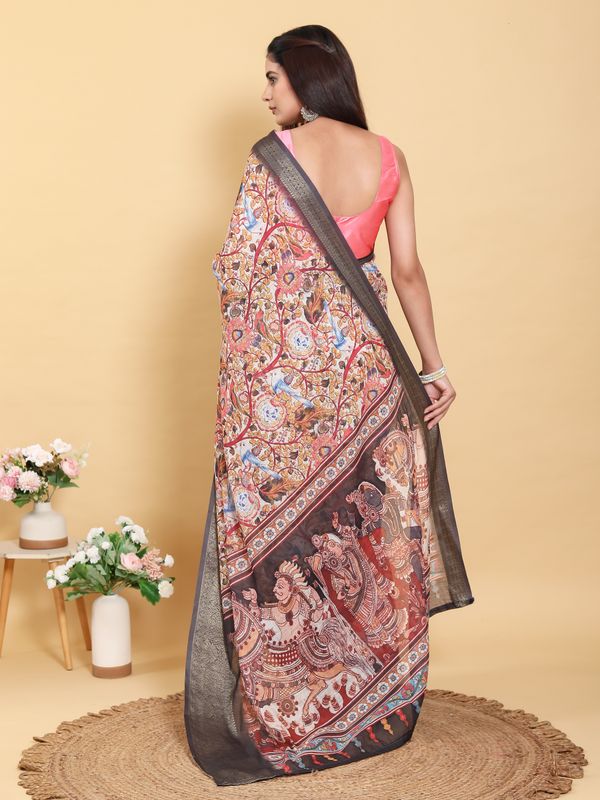 Buy Cream Kalamkari Print Linen Cotton Saree Grey Border