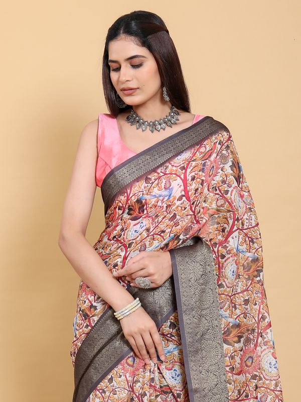 Buy Cream Kalamkari Print Linen Cotton Saree Grey Border