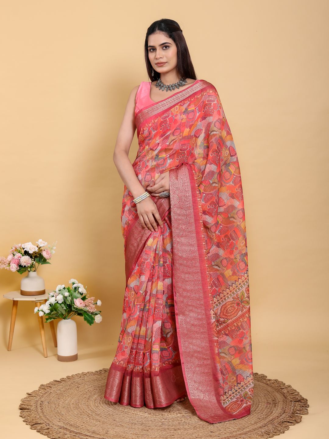 Buy Coral Floral Print Linen Cotton Saree with Woven Border