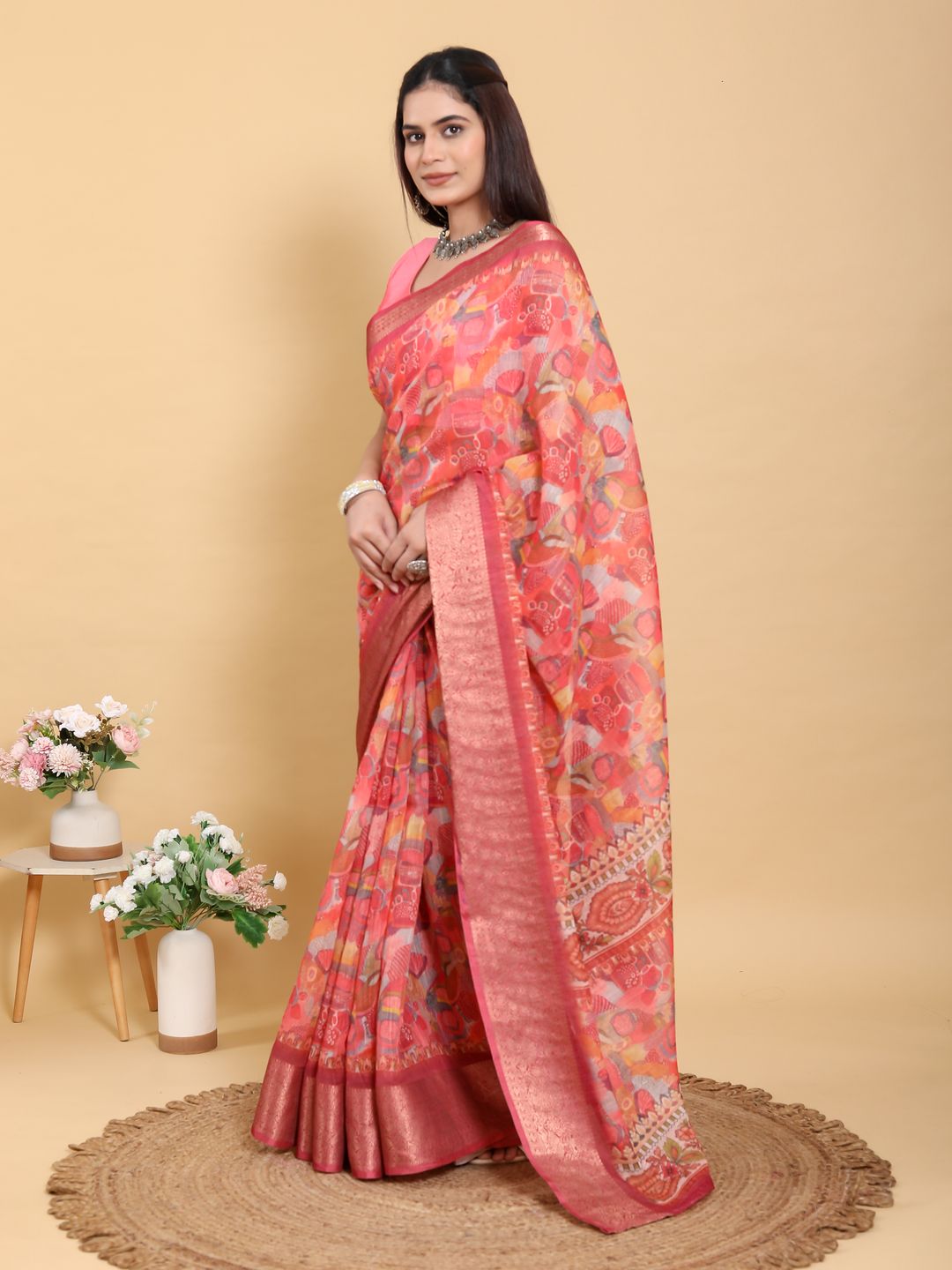 Buy Coral Floral Print Linen Cotton Saree with Woven Border