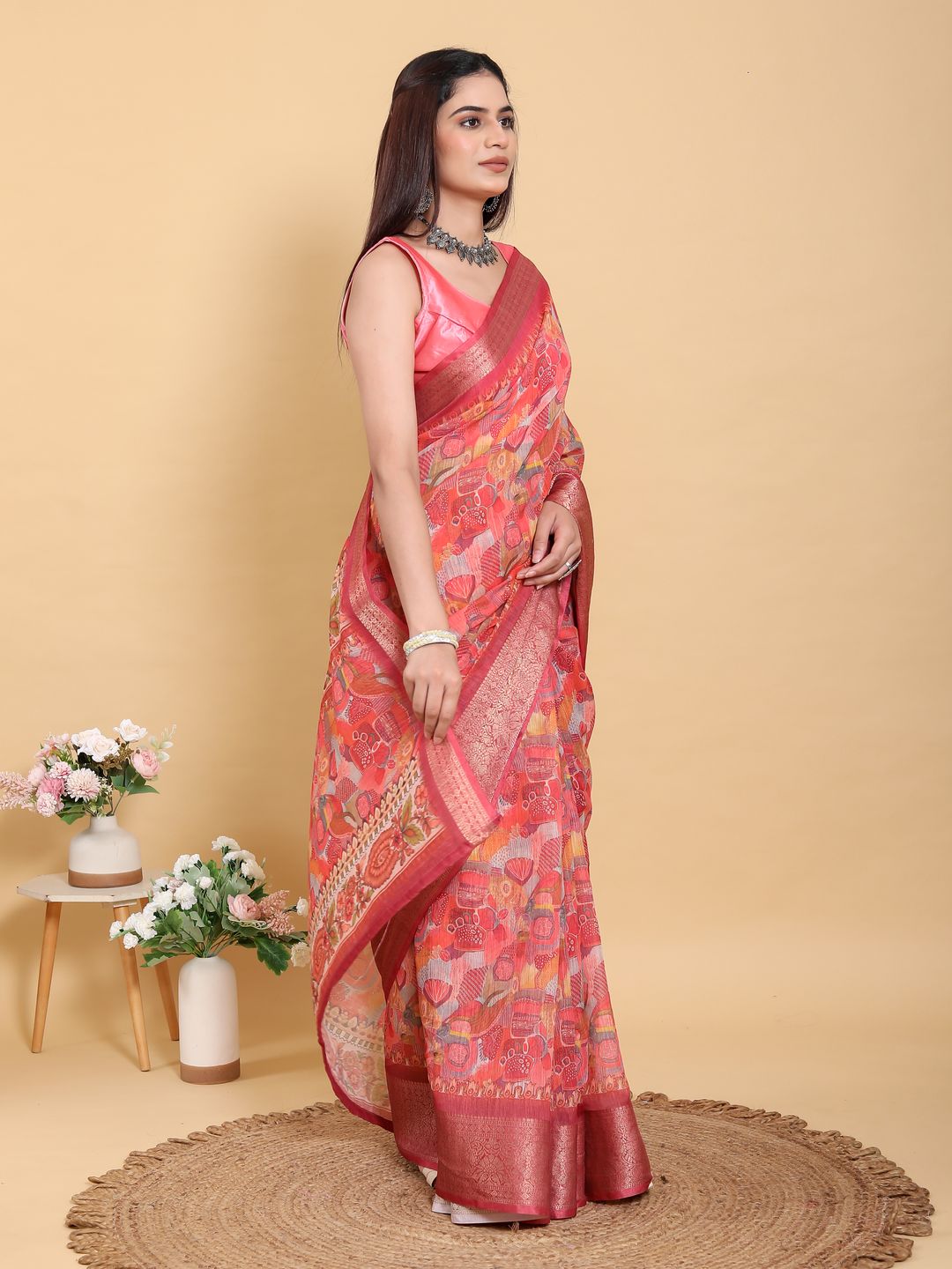 Buy Coral Floral Print Linen Cotton Saree with Woven Border