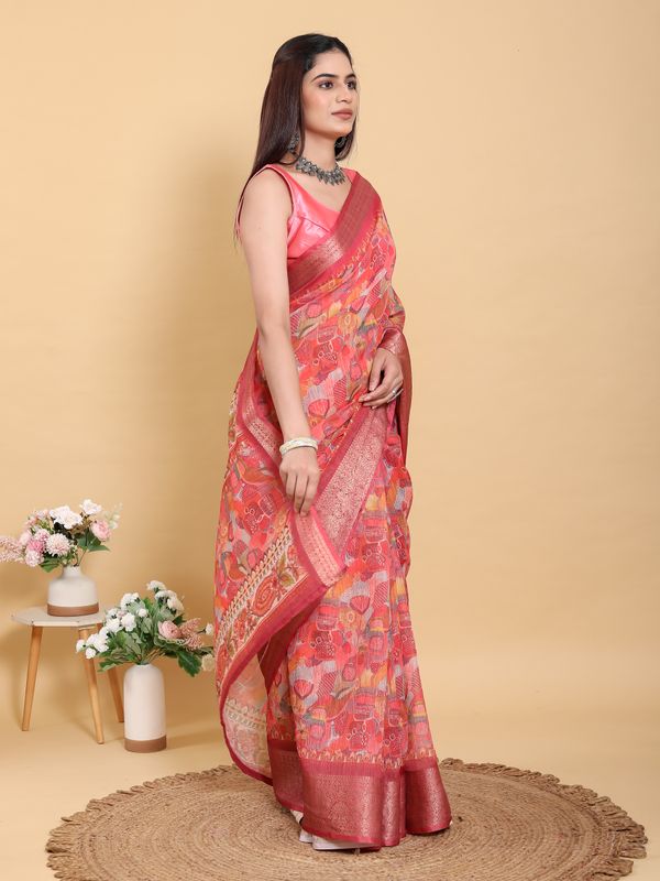 Buy Coral Floral Print Linen Cotton Saree with Woven Border