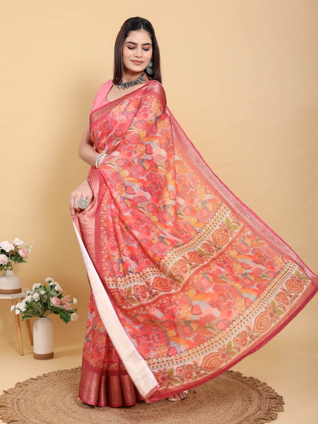 Buy Coral Floral Print Linen Cotton Saree with Woven Border
