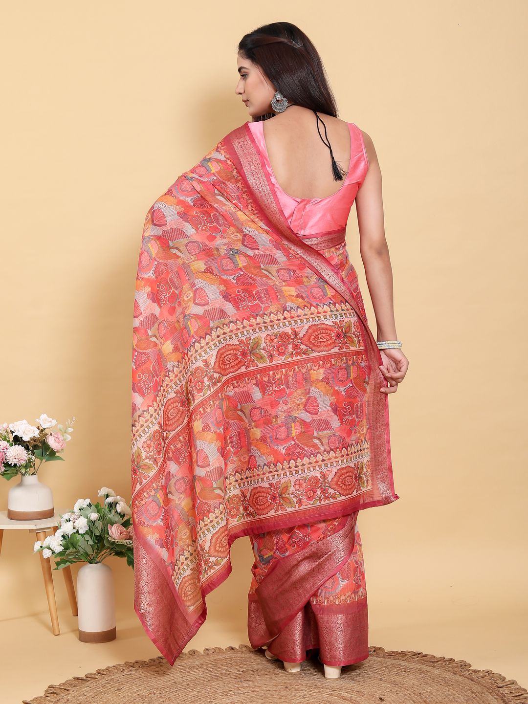 Buy Coral Floral Print Linen Cotton Saree with Woven Border