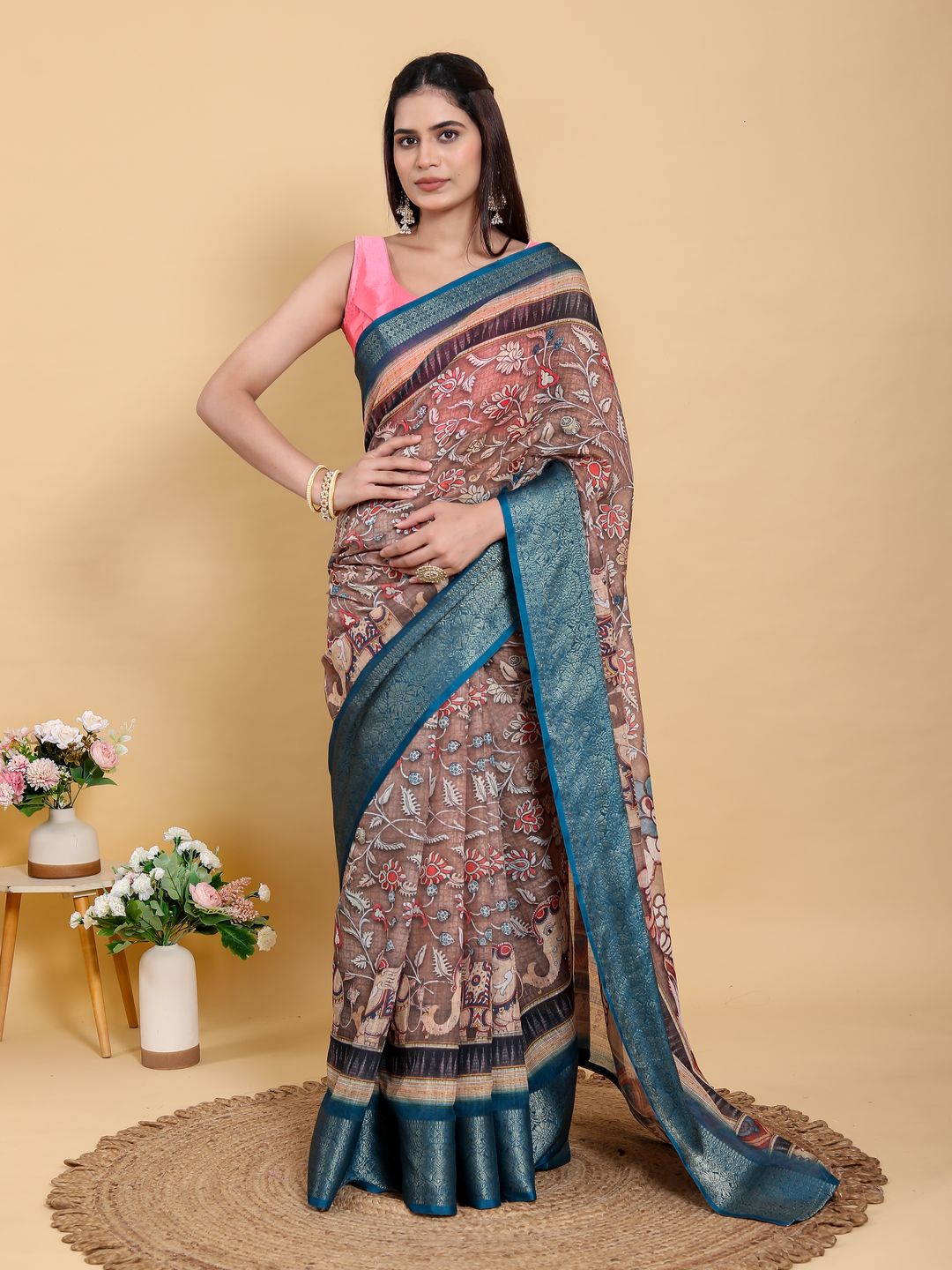 Buy Brown Floral Print Linen Cotton Saree with Woven Border
