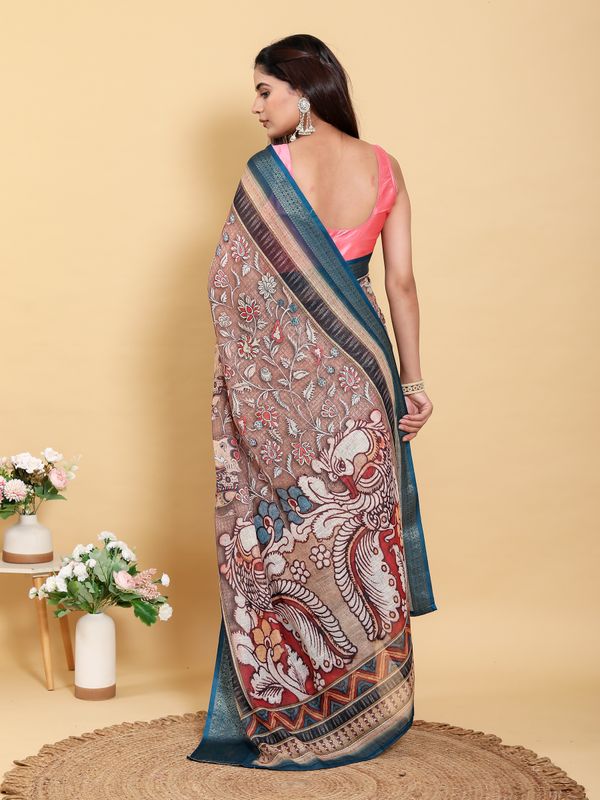 Buy Brown Floral Print Linen Cotton Saree with Woven Border