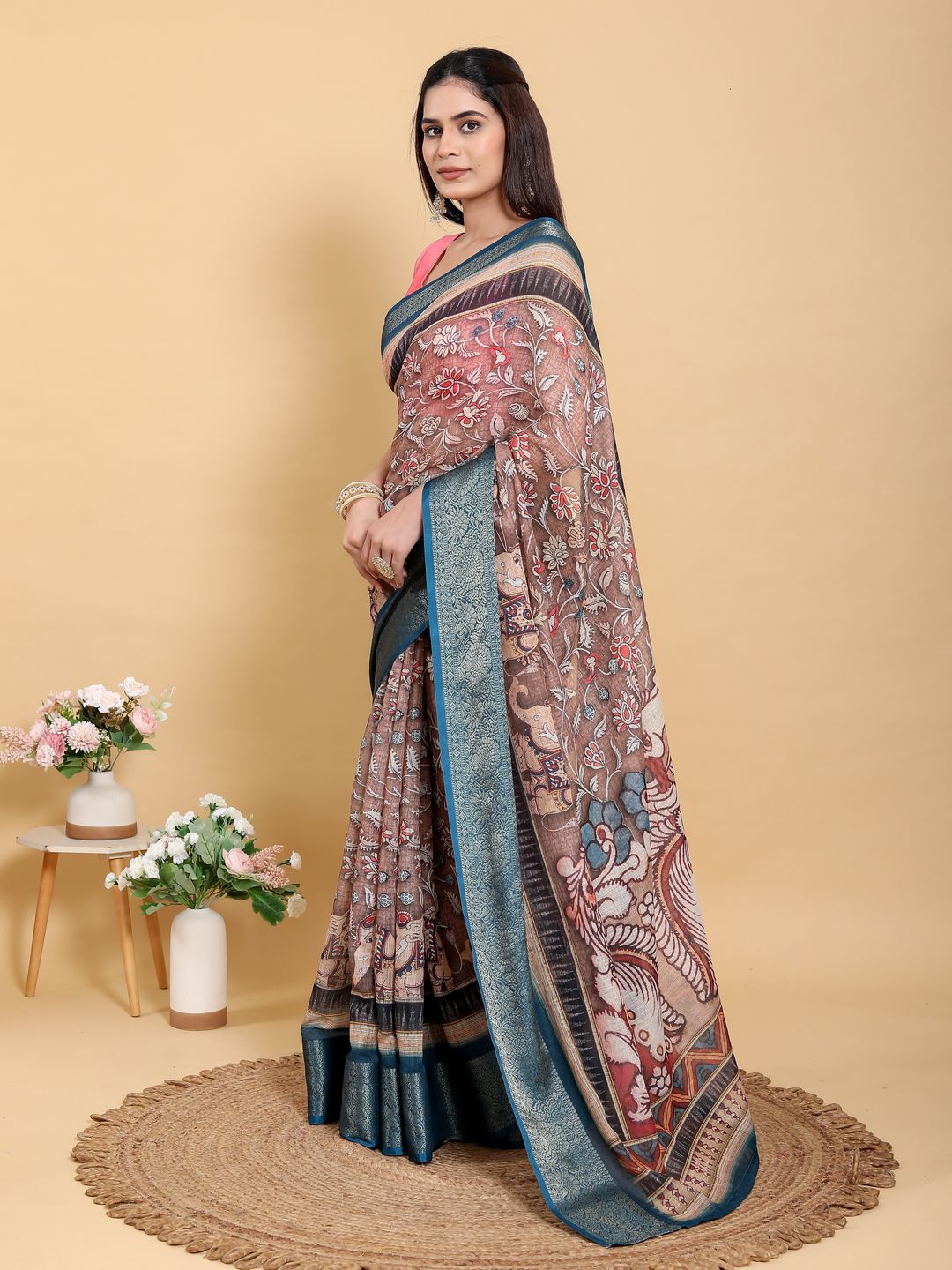 Buy Brown Floral Print Linen Cotton Saree with Woven Border